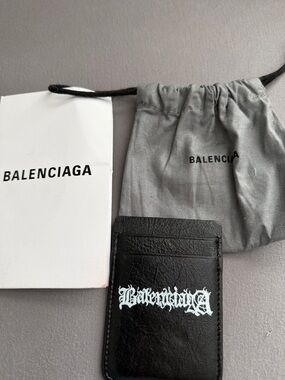 Balenciaga Black Leather Card Sleeve with White Gothic Logo